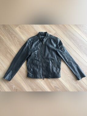 Men's Black john varvatos Leather Biker Jacket - Classic Zip Front